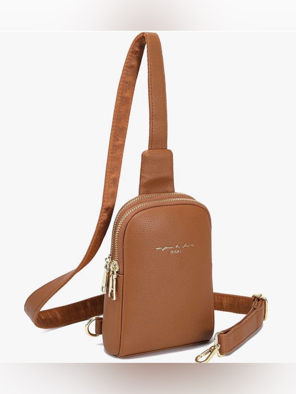New Inicat Tan Faux Leather Crossbody Sling Bag with Gold Hardware